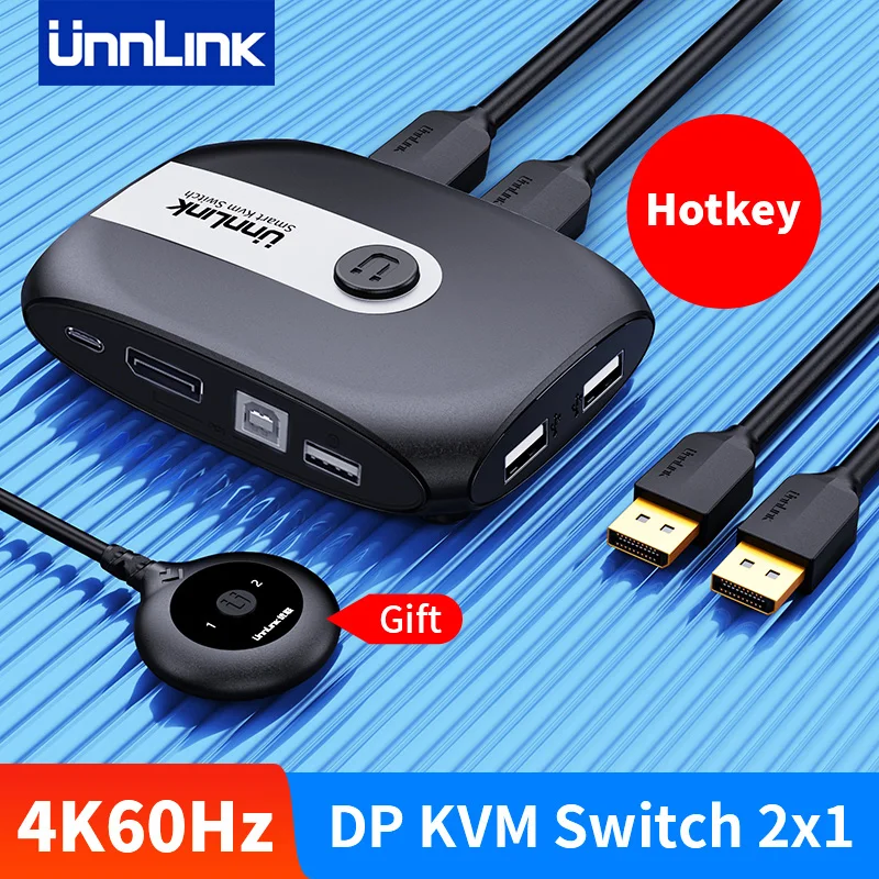 Unnlink Hot Key DP KVM Switch 4K60Hz 2 In 1 Out Switcher พร้อม Controller สำหรับ PC แล็ปท็อปโปรเจคเตอร์