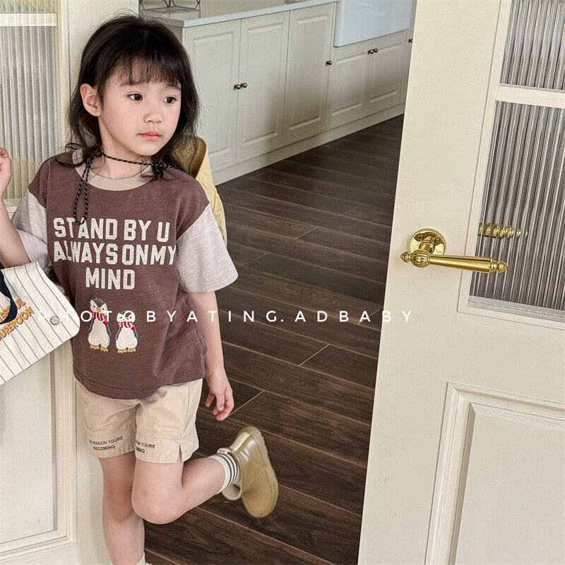 Camisetas informales de manga corta para niños y niñas, Tops de algodón con estampado de letras, bonito bordado de pingüino, novedad de verano 2024