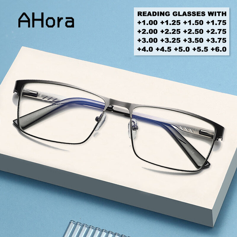 نظارات قراءة بإطار معدني مربع من Ahora للرجال ، نظارات لقصر النظر الشيخوخي ، إطار مربع كبير ، + 1.25 ، 1.5 ، 1.75 ، 2.0 ، 2.25 ، 2.5 ، 2.75 ، 3.0 ، 3.5 ، 4.5 ، 5.0 ، 5.5, 6.0