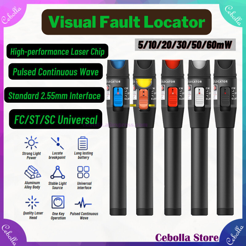 Pena Tester Kabel Serat Optik 10/20/30/50/60Mw Jangkauan 3-45Km Pencari Kesalahan Visual 2.5Mm Antarmuka SC/FC/ST VFL