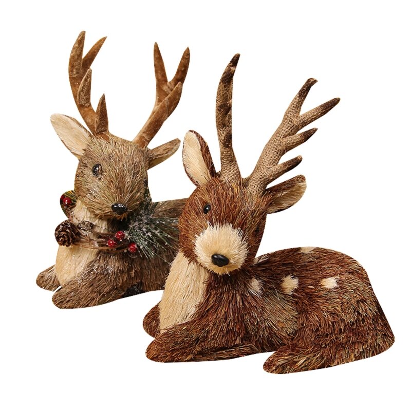 Straw Grass Elk Ornament Woven Christmas Sitting Deer for Doll Animal Figurine D