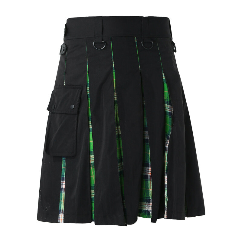 Men'S Fashion Scottish Retro Kilt Cosplay Pleated Casual Scottish Style Plaid Contrast Highland Pocket Traditional Utility Skirt