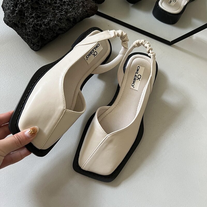 Sandalias elegantes con banda elástica para mujer, zapatos de tacón plano, poco profundos, tacón cuadrado, punta cuadrada, 35-40, verano, 2024