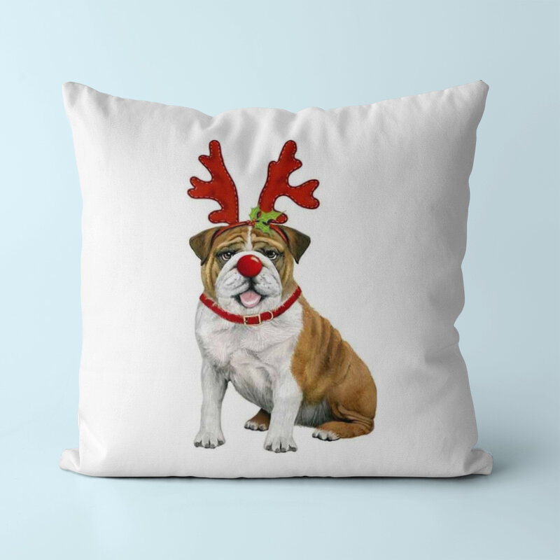45 * 45cm Throwing Pillow Cover Christmas Dog Picture Throwing Pillow Linen Material and Peach Skin Material Throwing Pillow