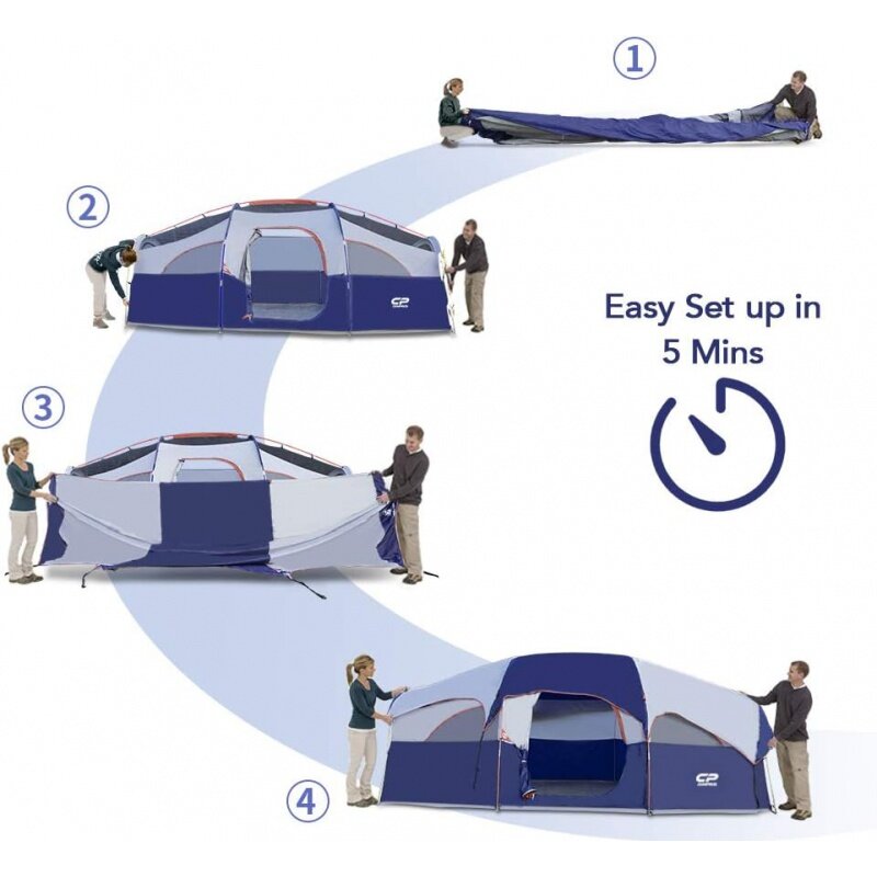 CAMPROS-CPキャンプテント、耐候性ファミリーテント、5つの大きなメッシュ窓、2層、s用の分割カーテン、8人