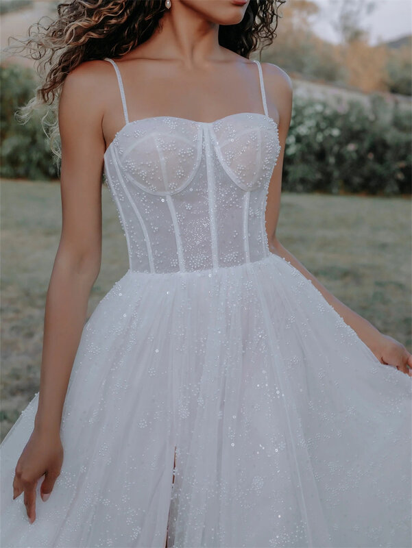 Vestido de noiva brilhante de espaguete, Vestidos nupciais com fenda lateral, Vestido de noite clássico sem mangas, Sexy, 2024