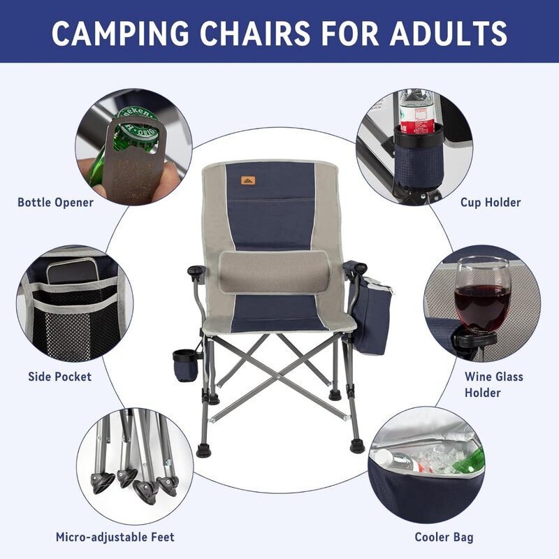 Cadeiras de campismo Ablazer com apoio lombar, cadeiras confortáveis para gramado para adultos, resistente com saco térmico e porta-copos