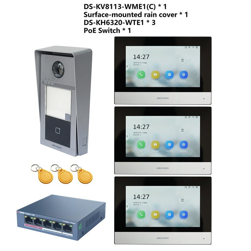 Oryginalny zestaw wideodomofon POE 802.3af HIKVISION, zawierający DS-KV8113-WME1(C), DS-KH6320-WTE1 i przełącznik PoE