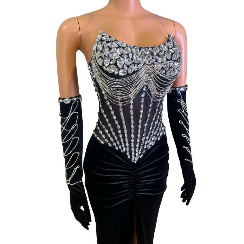 Robe de soirée longue style sirène pour femme, fente haute, velours, cristal kly, tout ce qui est avec des gants Shanliang, soirée formelle, 2024