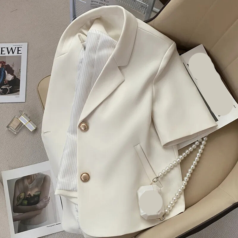 Elegante giacca a maniche corte da donna giacca da ufficio con collo dentellato moda coreana per donna Casual semplice capispalla Beige top