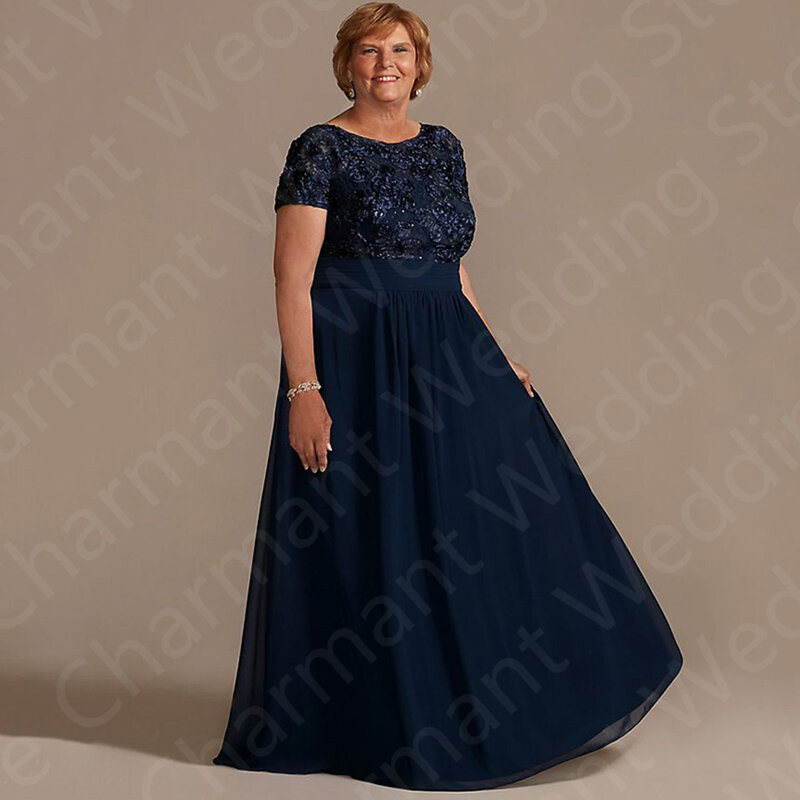 Precioso último vestido azul marino para madre de la novia, vestidos de encaje de talla grande, vestidos de manga corta para invitados de boda, espalda descubierta