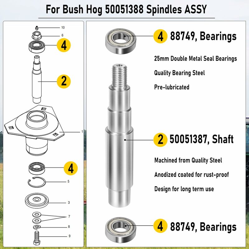 Kit albero mandrino e cuscinetti per mandrino Bush Hog 50051388/99685 per modelli Bush Hog RDTH, FTH, ATH, EFM, ES, TD-1500, TD-1700