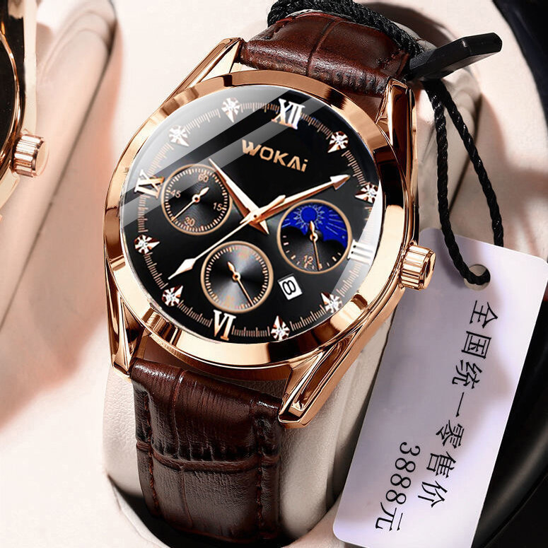 High-end luxury rhinestone men's quartz hand calendar leather belt men's watch