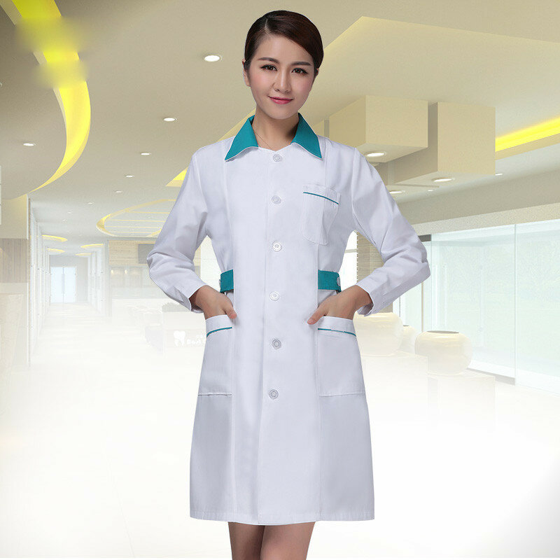 Autumn and Winter Thickening Long Sleeve Nurse Clothing Women White With Green Collar Coat Hospital Garment Medical Work Uniform