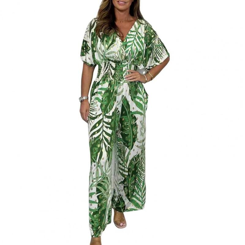 Комбинезон женский с цветочным принтом, удобный стильный ромпер с V-образным вырезом, с завышенной талией и широкими штанинами, пляжная одежда на лето