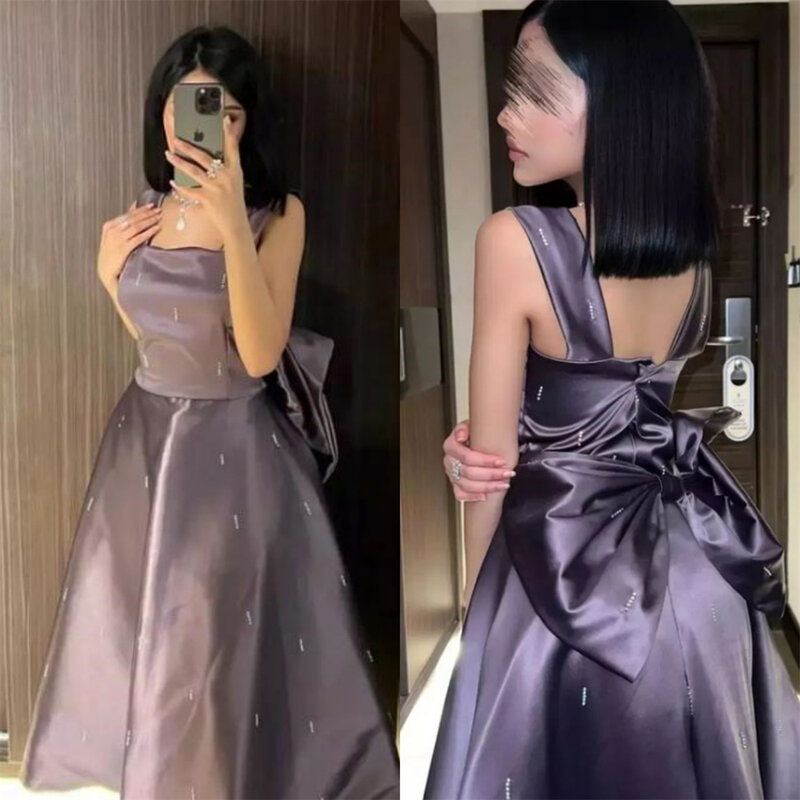 Prom Dresses Simple Spaghetti A-line Party Bows Draped Satin Occasion Evening Gown платье женское вечернее שמלות ערב נשים 2024