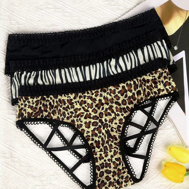 Lingerie sexy com estampa leopardo para mulheres, renda oca, roupa íntima de cintura baixa, sem costura, calcinha traceless, cuecas eróticas