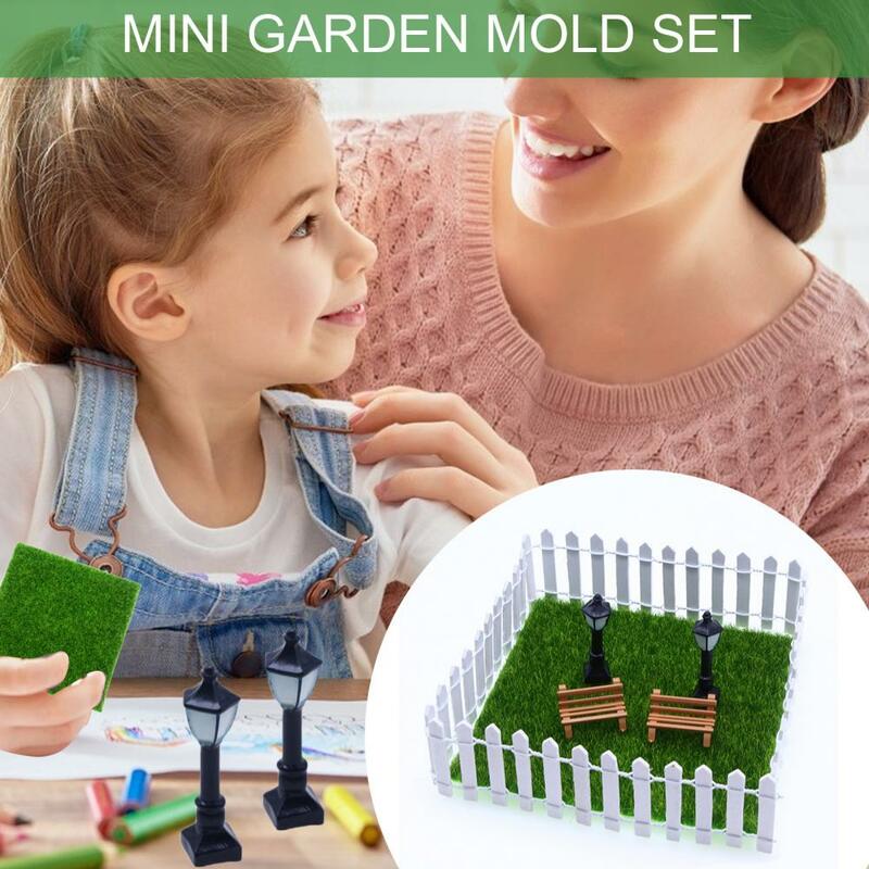 Dollhouse Garden Accessories Charming Miniature Garden Decor Artificial Turf Furniture Fences Street Lamps for Kids Adults Mini