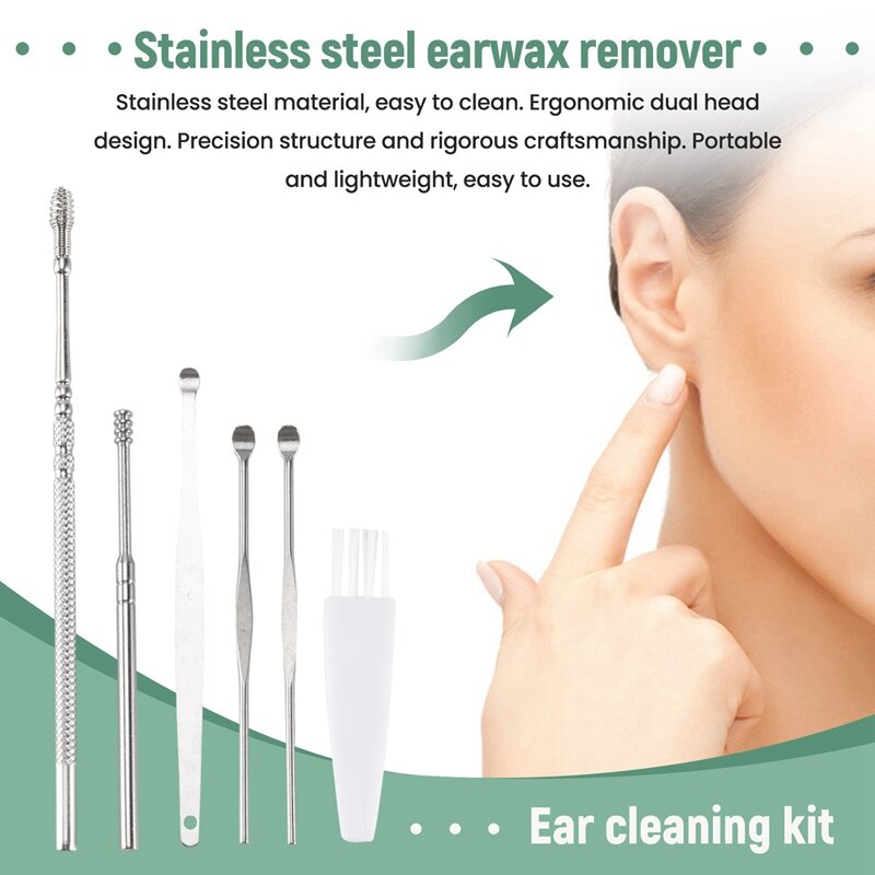 Aço inoxidável Ear Pick Set com Case, Ear Wax Cureta Remover, Ear Cleaner Spoon, Espiral Ferramenta Limpa, 6pcs