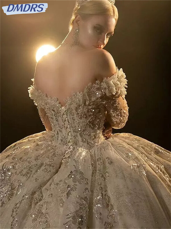 Encantador vestido de noiva fora do ombro, elegante vestido de baile apliqué, luxuoso vestido de noiva manga longa, 2024