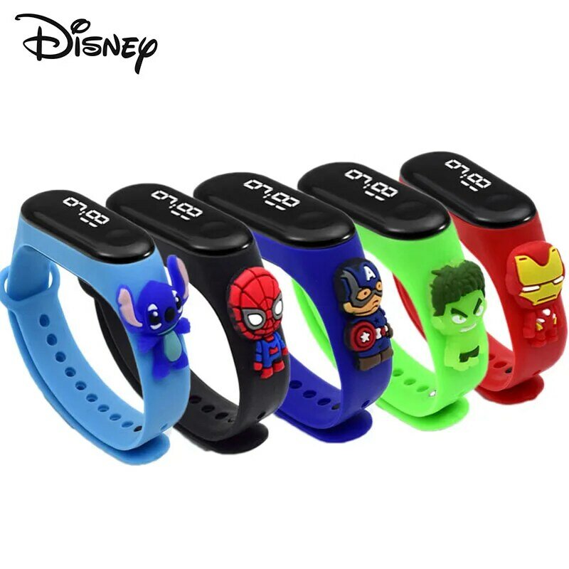 Mickey Minnie Marvel Jam Tangan Digital Anak Laki-laki Perempuan Spiderman Iron Man Jam Tangan Olahraga LED Gelang Jam Tangan Anak Silikon