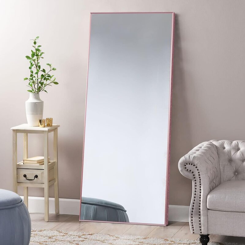 Boden hoher Schmink spiegel freistehend mit Ständer, Ganzkörper-Kosmetik spiegel mit dünnem Rahmen aus Aluminium legierung, Roségold