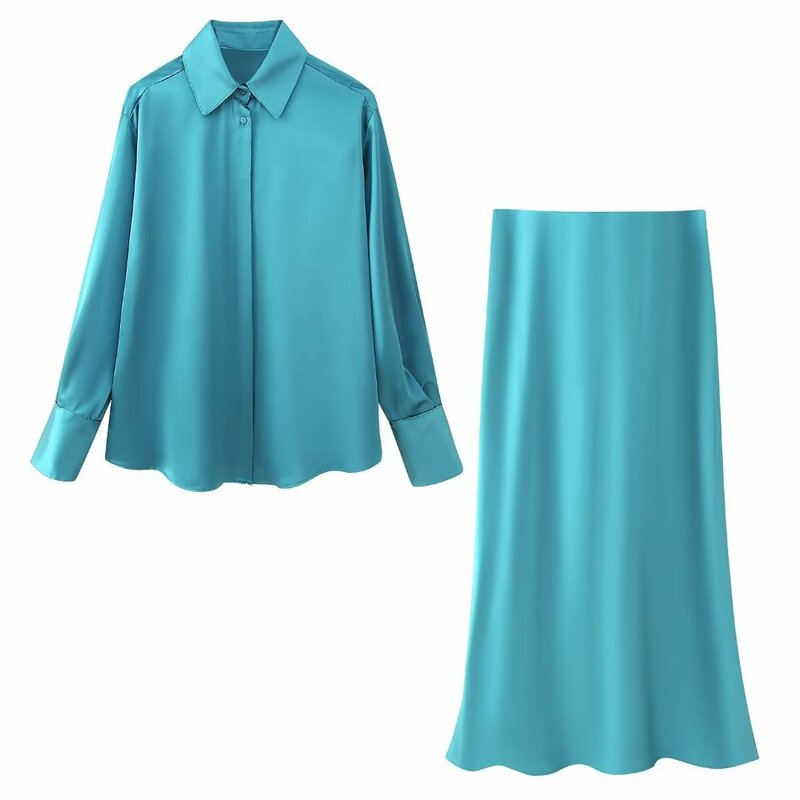 Kobiety nowa moda satynowa tekstura luźna jednolite bluzki Vintage długi guzik na rękawie-up koszule damskie eleganckie koszule + spódnice garnitur damski