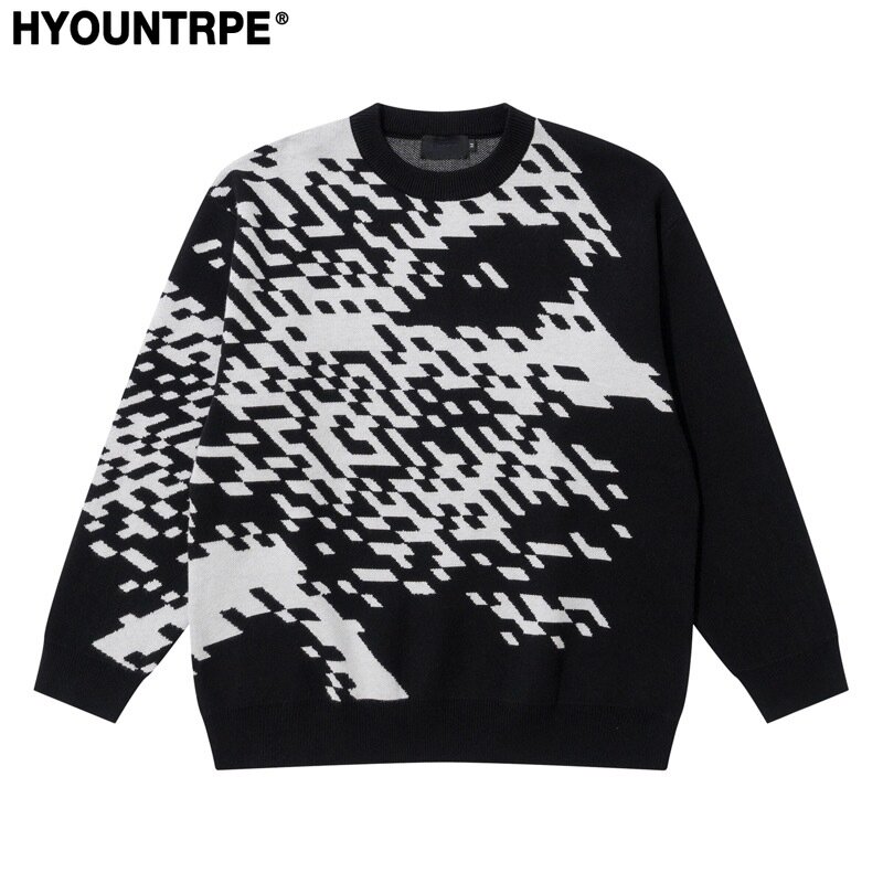 Mens Knitted Sweater Fashion Pixel Abstraction Human Face Pullovers Casual O-neck Unisex Harajuku Streetwear Loose Knit Jumpers