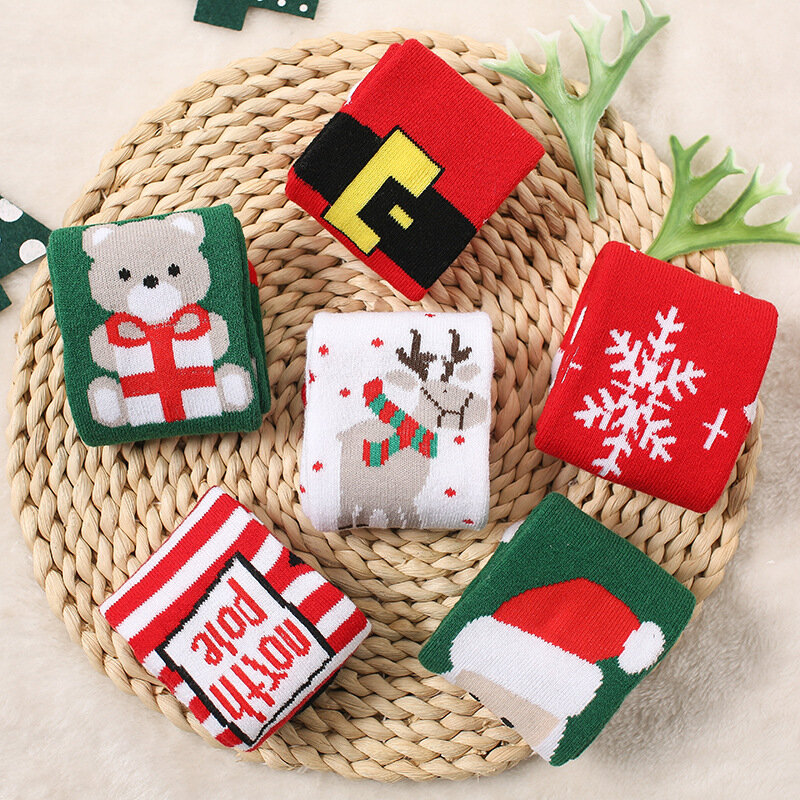 Children's Cotton Christmas Socks, Floco de neve, Alce, Papai Noel, Urso, Casual, Bebê, Meninos, Crianças, Outono, Inverno, 1-4pcs
