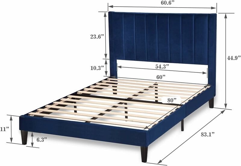 Moldura de cama queen estofada a veludo, Cabeceira, Pilha vertical embutida, Cinza e azul, Primavera