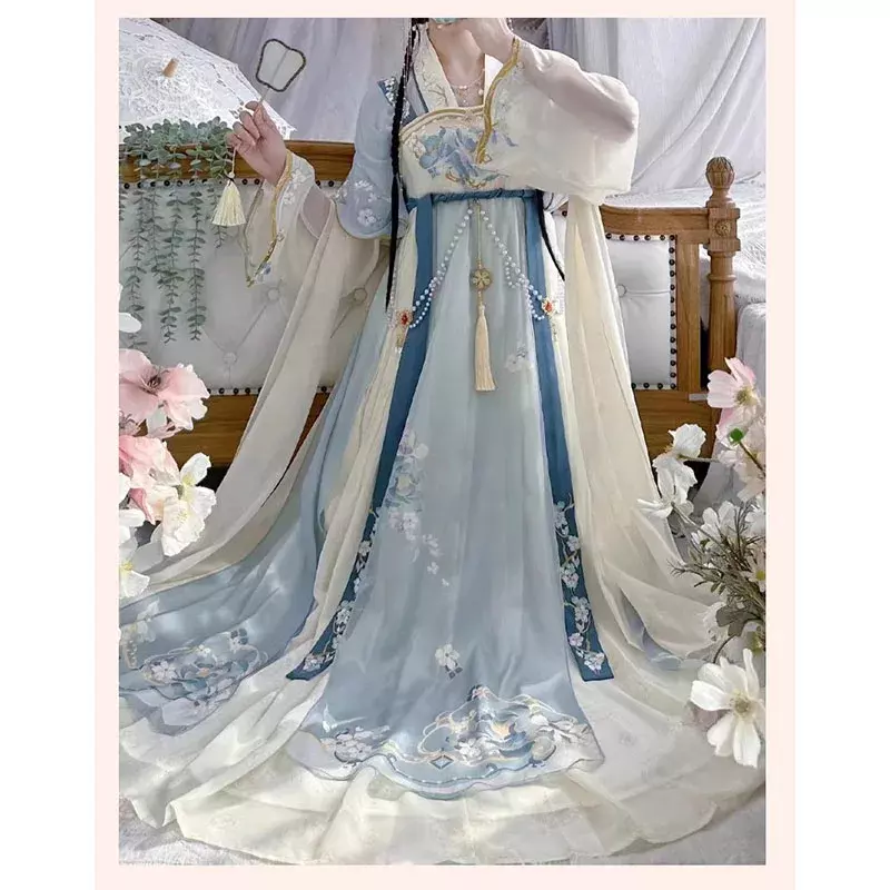 2023 г., китайские Потрясающие платья Тан ханьфу с вышивкой, нагрудным рукавом и принтом, весна-лето, улучшенный новый ретро костюм