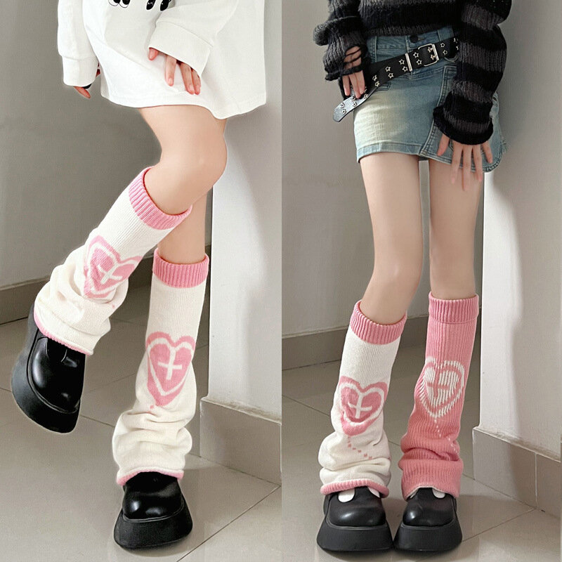 JK Lolita-Calentadores de piernas Y2K para mujer, calcetines largos de punto con corazón japonés, cubierta de pie cálida, calcetines hasta la rodilla, puños de bota, Otoño e Invierno