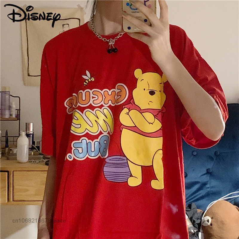 Disney Kartun Pooh Bear Baju Musim Panas Atasan Lengan Pendek Merah T-shirt Ukuran Besar Wanita Kaus Fashion Gaya Korea Atasan T2k
