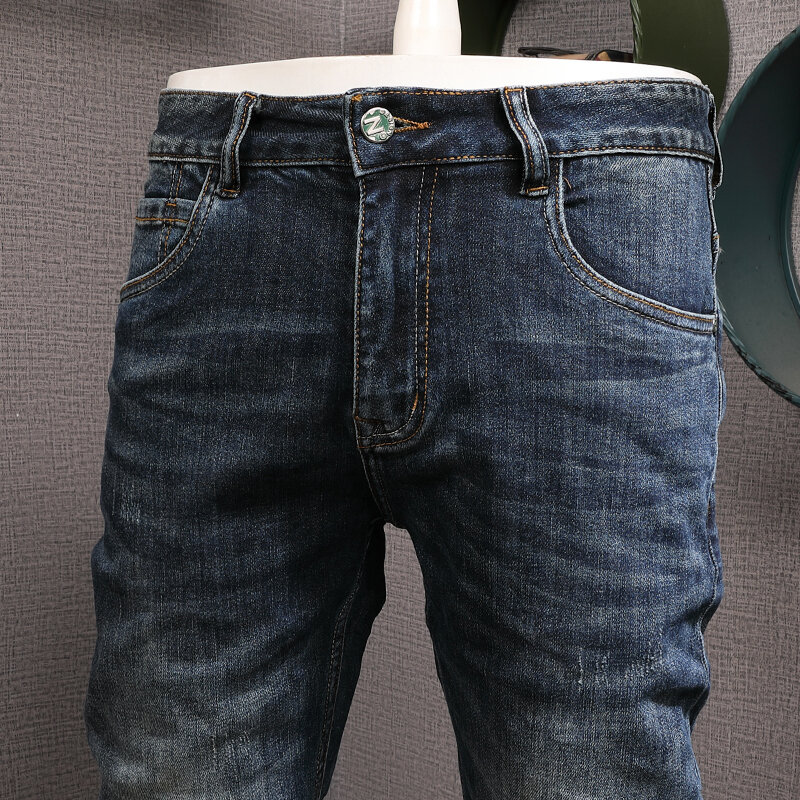 Novo designer de moda masculina jeans de alta qualidade retro azul elástico fino ajuste rasgado calças jeans dos homens do vintage calças jeans hombre