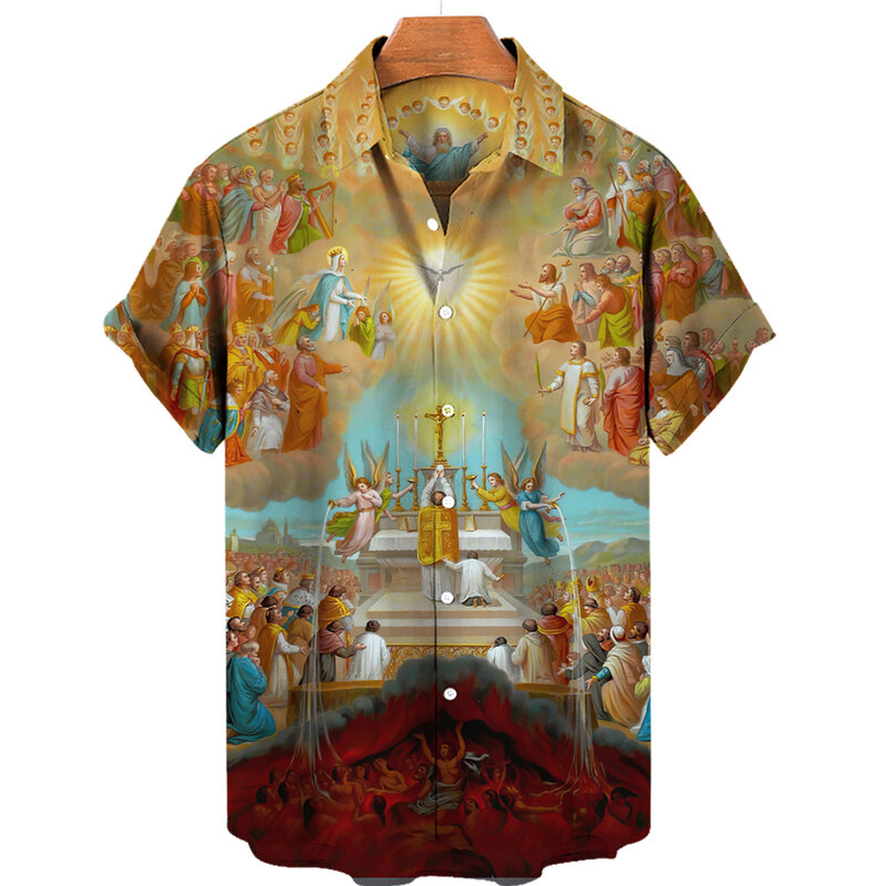 Camisa dos homens de manga curta de grandes dimensões impressão 3D, Deus Jesus Maria Camisas havaianas, Religião Crucificada, Harajuku Top Casual, Roupas Tropicais