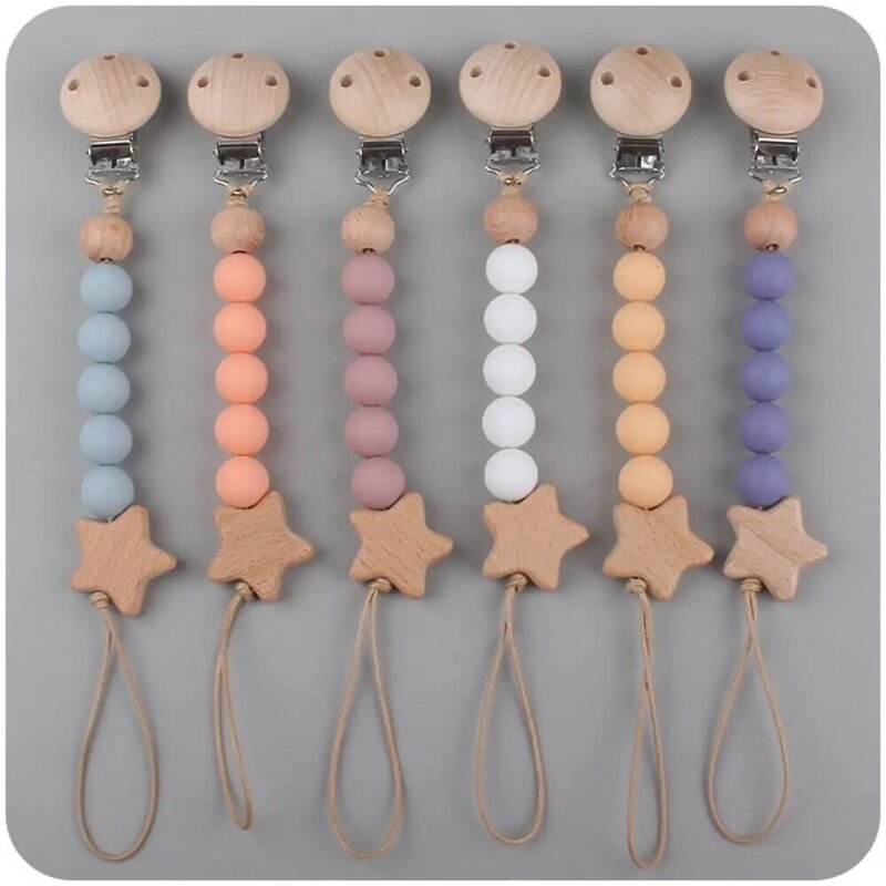 Pacifier Clips Chain Silicone Beaded BPA Free DIY Dummy Clip Holder Star Wooden Soother Chains Baby Teething Chew Toys