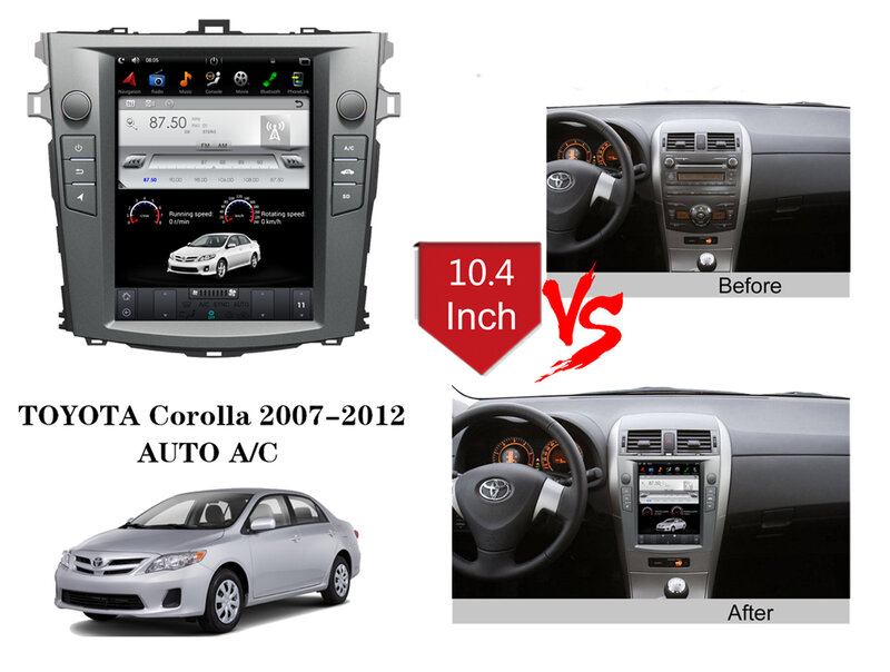 Pemutar Multimedia Stereo Radio A/C Otomatis 9.0 GPS Mobil Gaya Tesla Tegangan Vertikal untuk TOYOTA Corolla 2007-2012