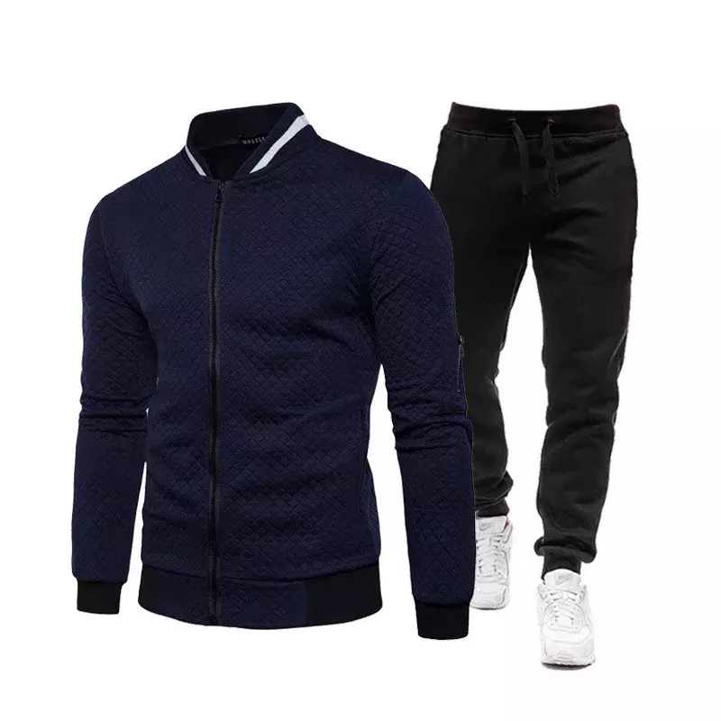 2024 Autumn/Winter fashion men's casual baseball shirt zipper stand collar hoodie set plaid cardigan solid color set S-3XL