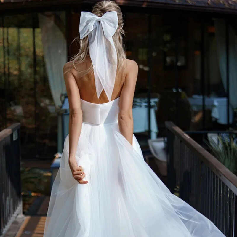 Vestido de novia de línea A de tul blanco Simple con envoltura desmontable, hombros descubiertos, mangas largas plisadas, escote Corazón, vestidos de novia bohemios