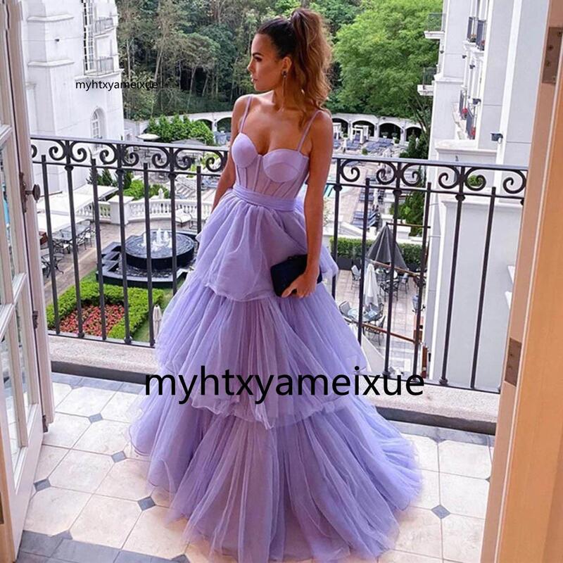 Sexy Lavendel Een Line Tulle Lange Luxe Prom Dresses 2023 Gelaagde Rok Avondjurken Spaghettibandjes Bow Sash Vrouwen Party jurk