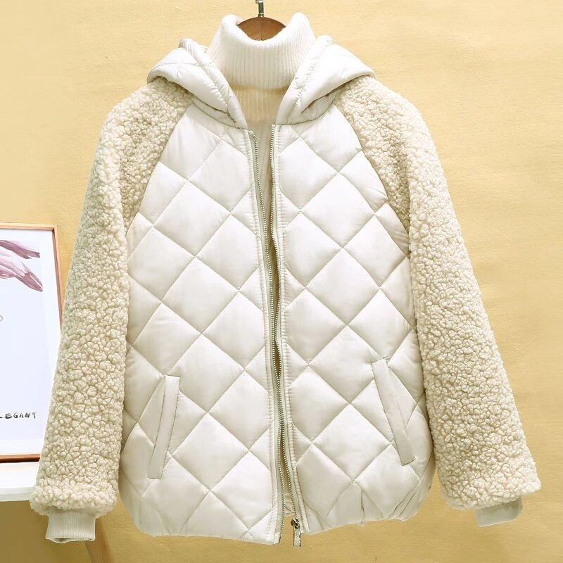 Doudoune à capuche en laine d'agneau pour femme, manteau court femme, coton fin, léger, automne, hiver, nouveau, 2023