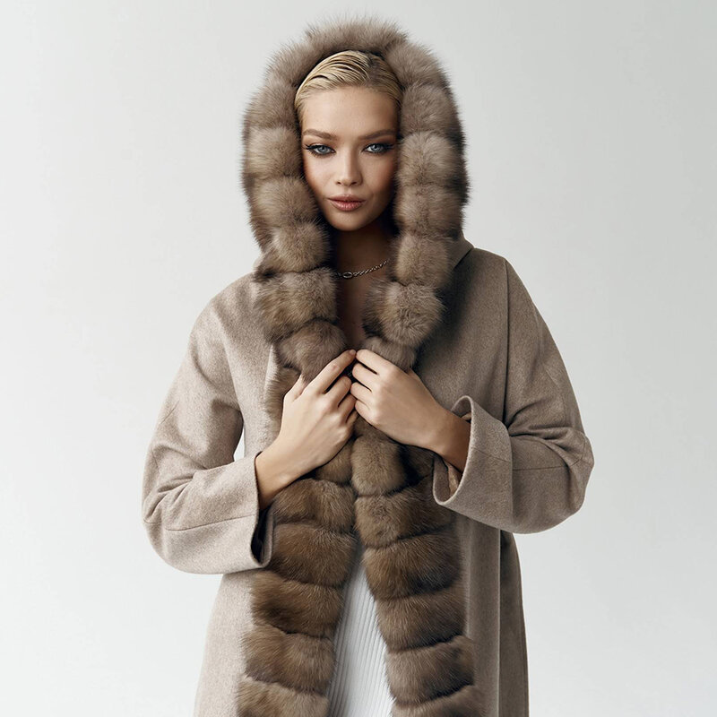 Manteau en laine avec col à capuche en fourrure de renard pour femme, vestes en fourrure de luxe, combinaison de laine, hiver, nouveau, 2024