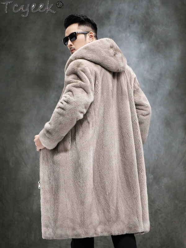 Tcyeek-abrigo largo de piel de visón con capucha para hombre, chaqueta cálida de piel Real, ropa informal de moda, abrigos de alta calidad, Invierno