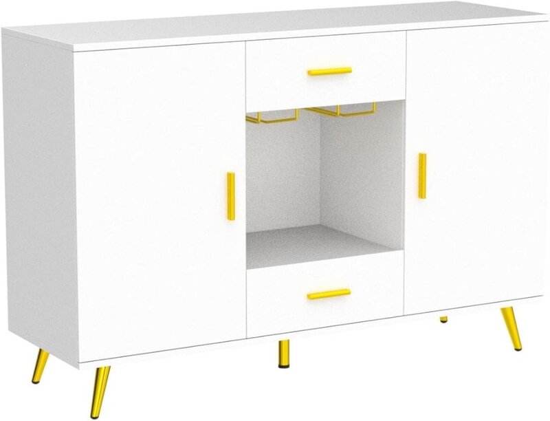 Sideboard Buffet, Buffet Cabinet Storage Credenza w/Adjustable Shelf, Wine Glass Holder, Drawers, Modern White & Gold Dresser