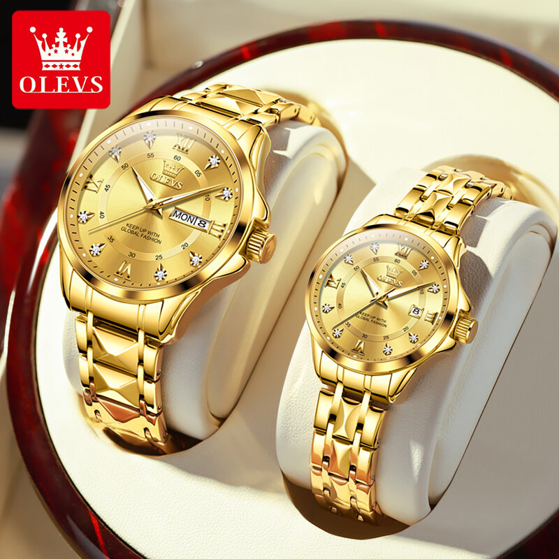 OLEVS-Montre à quartz étanche en acier inoxydable doré pour hommes et femmes, marque de luxe originale, calendrier des touristes, couple