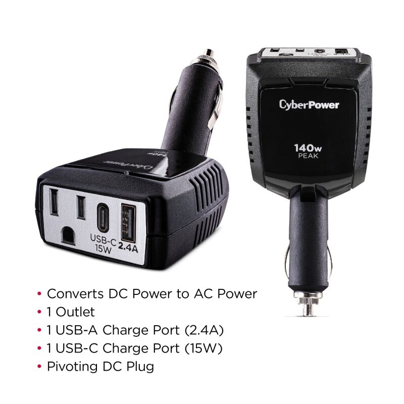 CyberPower M140BUC - 1 Outlet 140 Watt Inverter daya dengan 1 USB-C & 1 Port USB-A