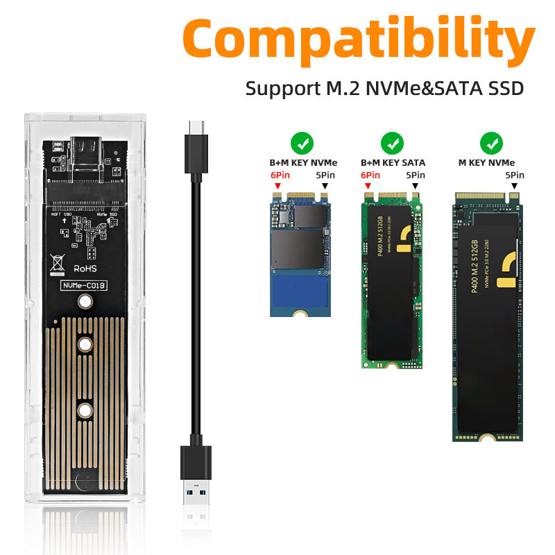 M.2 NVMe PCIE NGFF SATA เคส SSD แบบใส USB Type C 10Gbps PCI-E M2 SSD กล่องใส่ฮาร์ดดิสก์ภายนอก