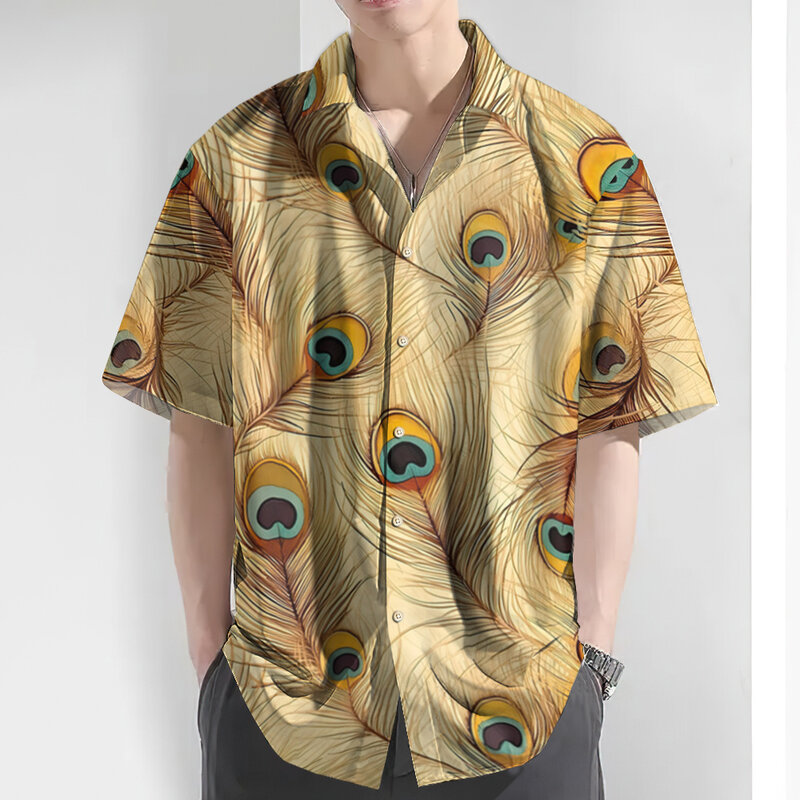男性用3D孔雀の羽プリントシャツ,特大のラペルシャツ,カジュアルな毎日の服,新しい夏のコレクション