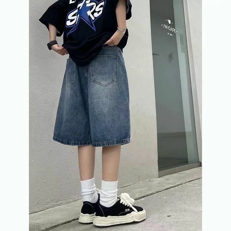 High street American retro washed distressed denim shorts over the knee for men and women summer casual loose wide-leg shorts