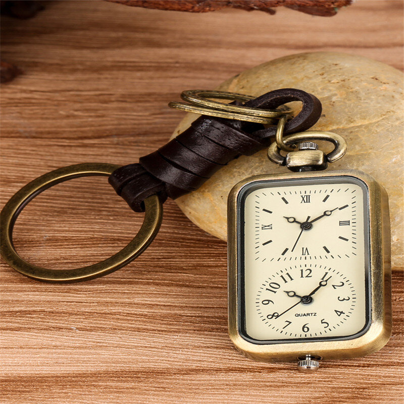 Old Fashion Dual Time Zone Clock Rectangle Shape Men Women Quartz Analog Pocket Watch Pendant Key Ring Timepiece Gift